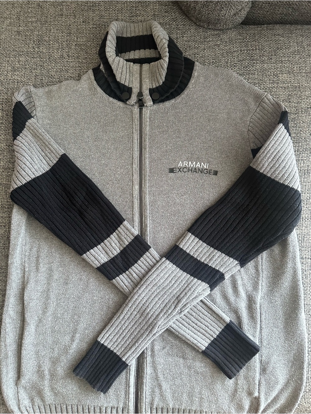 Armani Exchange Men’s Light Gray and Black Zip Cardigan Sweater